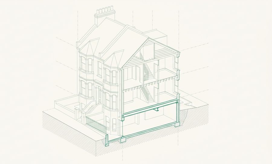 Axonometric drawing of a basement conversion or dig out