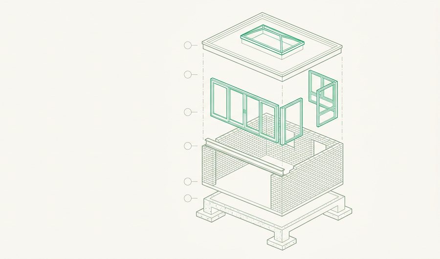 Exploded axonometric drawing of an extension separated into foundations, walls, glazing and roof