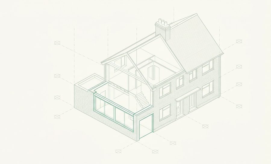 Axonometric drawing of an integral garage conversion