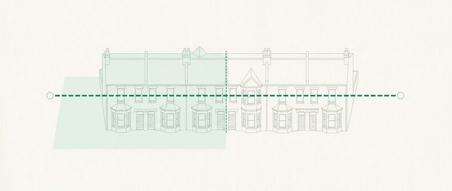 A terrace of houses with a dashed boundary running through it, one half inside a designated zone