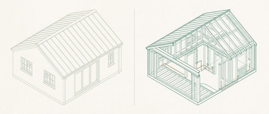The same extension drawn twice, once as an outer shell and once cut open to show structure and services