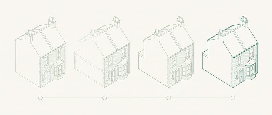 Four houses in a row showing a project progressing from bare house to completed extension