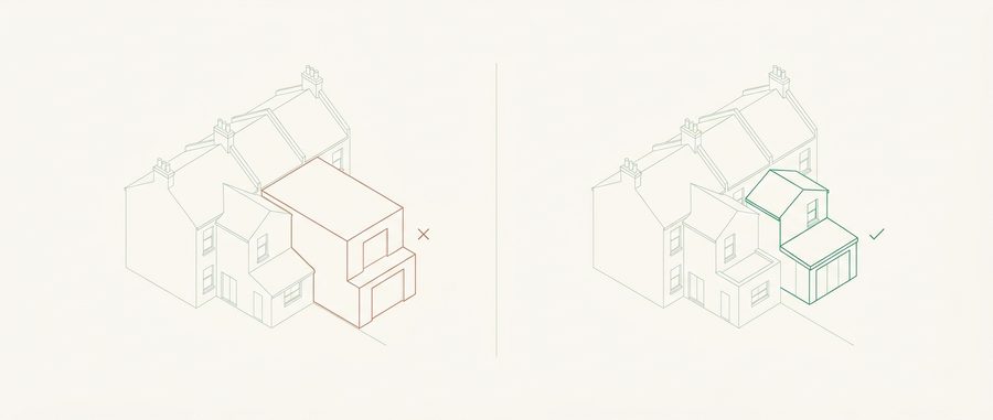 Two versions of the same house, one refused scheme in red and one revised scheme approved in green