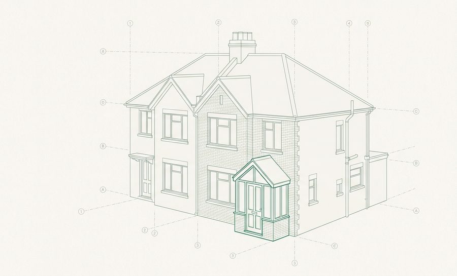 Axonometric drawing of a front porch extension