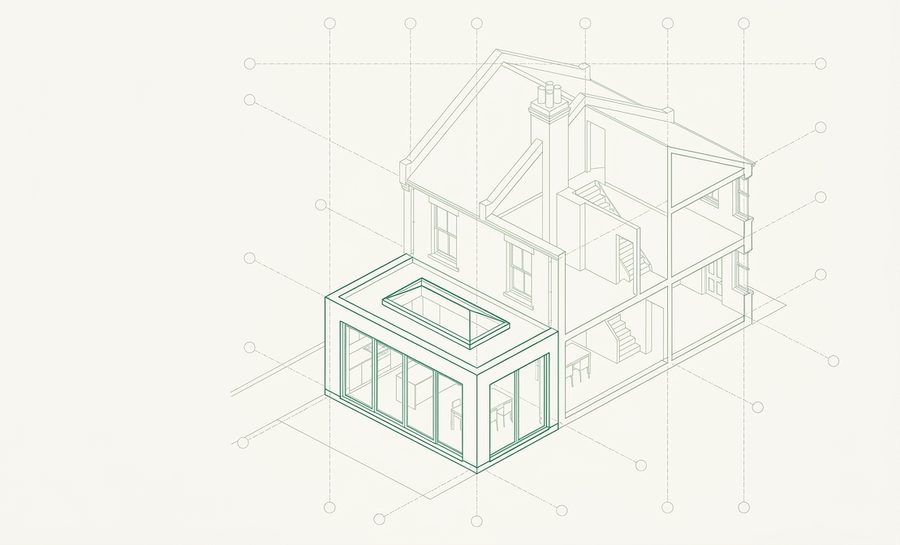 Axonometric drawing of a single storey rear extension