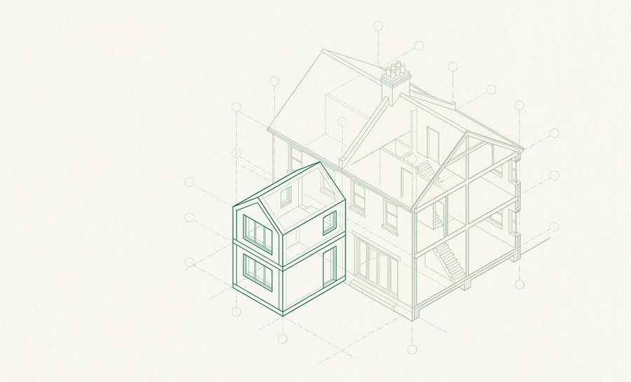 Axonometric drawing of a two storey rear or side extension