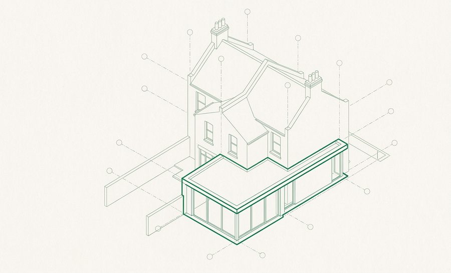 Axonometric drawing of a wraparound side and rear extension